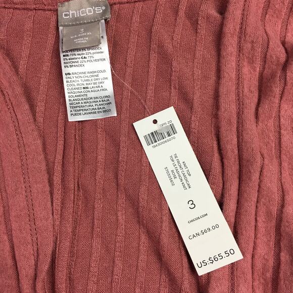 NWT Chicos Rib Knit Front Tie Cardigan Top Long Sleeve Rose Sweater Size 3/XL - Picture 3 of 5
